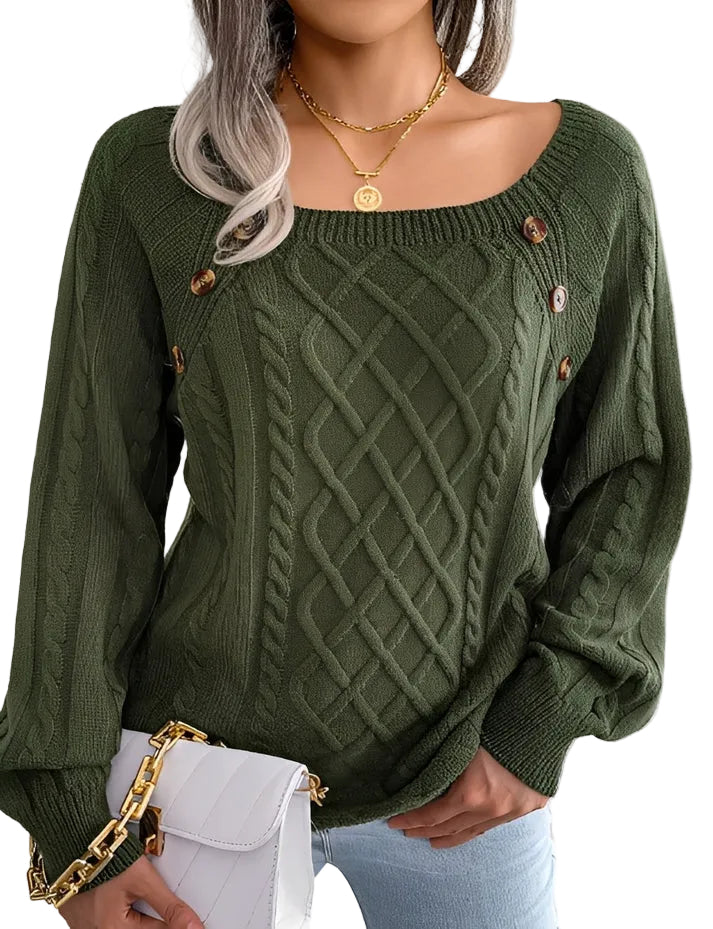 Pull femme en maille torsadée avec détail de boutons