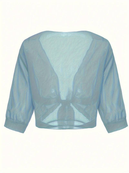 Blouse courte transparente à nouer sur le devant avec manches courtes pour femme