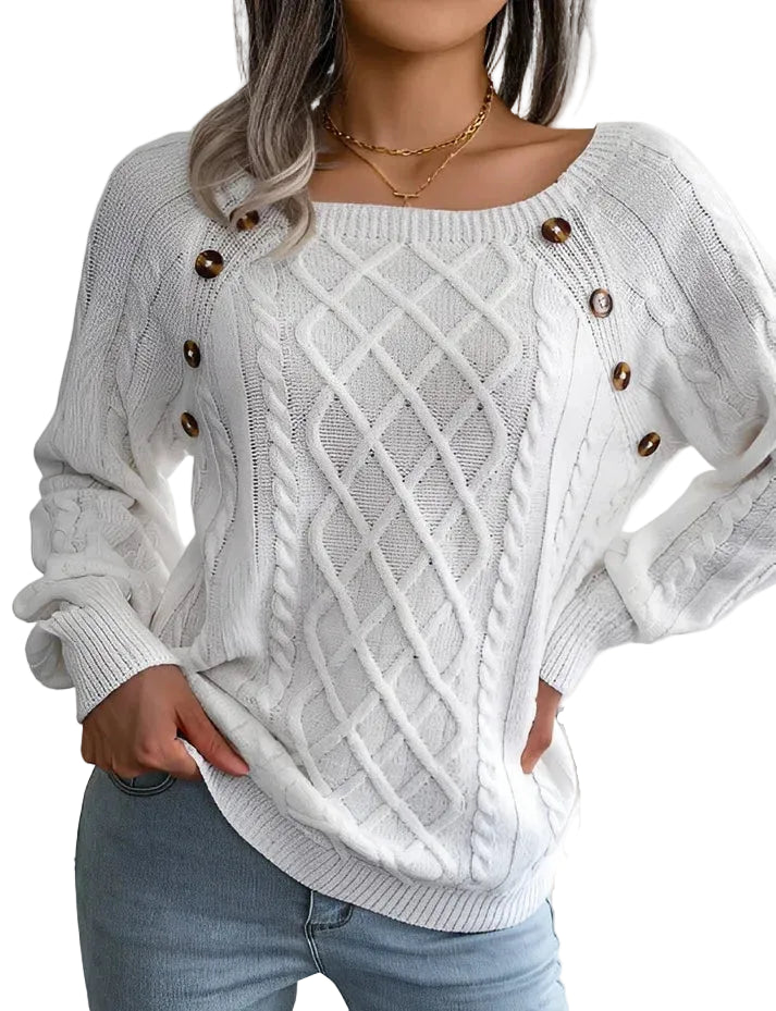Pull femme en maille torsadée avec détail de boutons