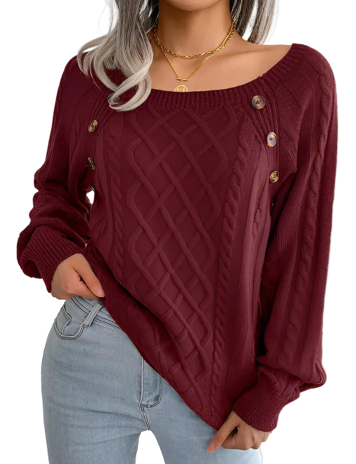 Pull femme en maille torsadée avec détail de boutons