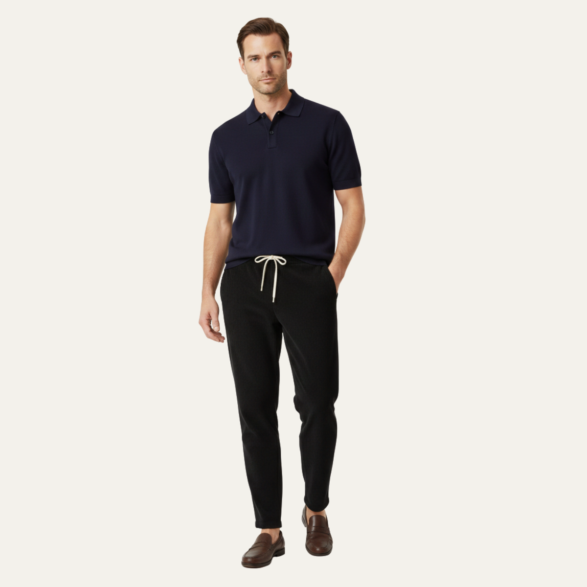 Homme pantalon avec taille élastique et cordon de serrage et jambe droite