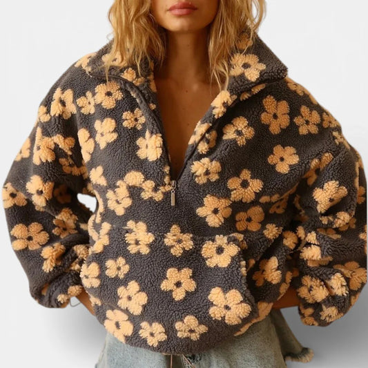 Pull Polaire Femme Col Zippé À Fleurs