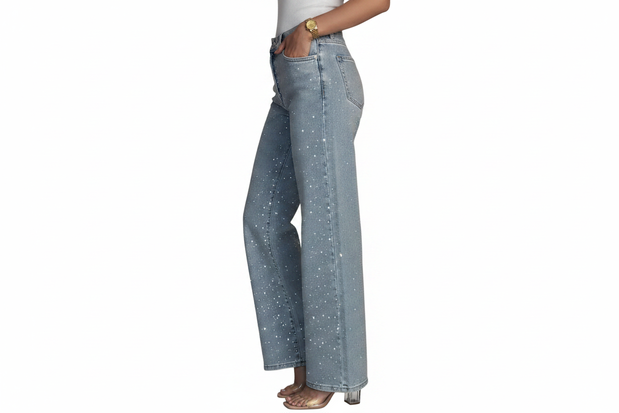 Pantalon Jean femme à jambe large avec ornements intégrés