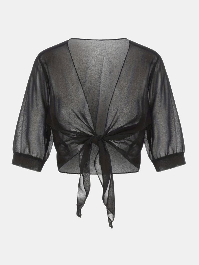 Blouse courte transparente à nouer sur le devant avec manches courtes pour femme