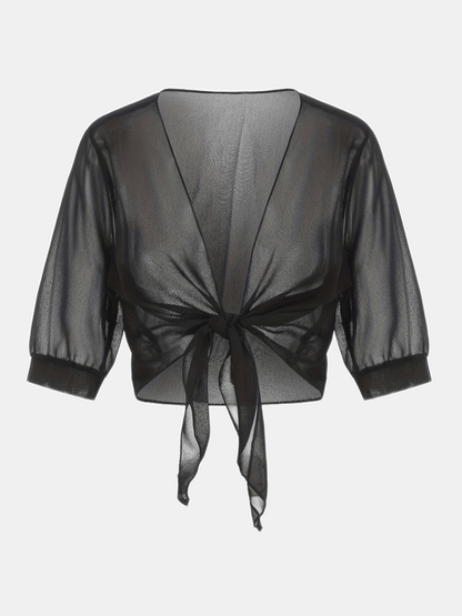 Blouse courte transparente à nouer sur le devant avec manches courtes pour femme