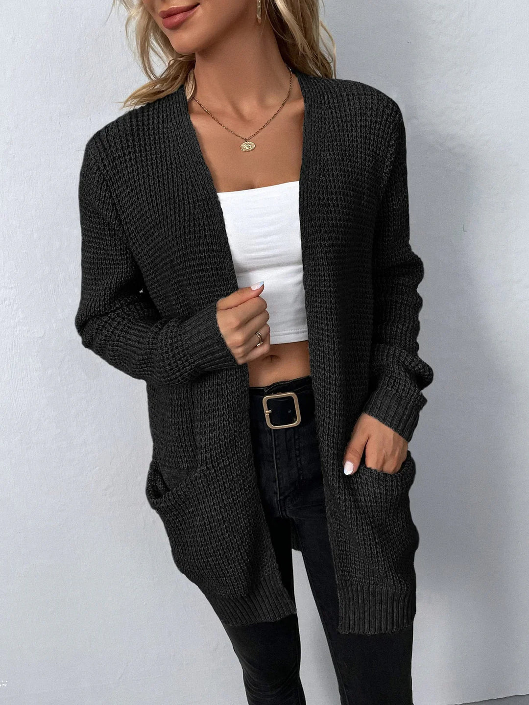 Femme Gilet en Maille Ouverte avec Poches Appliquées