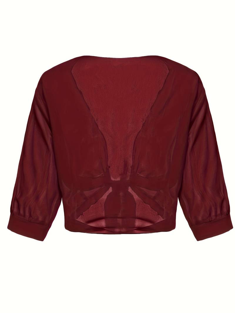 Blouse courte transparente à nouer sur le devant avec manches courtes pour femme
