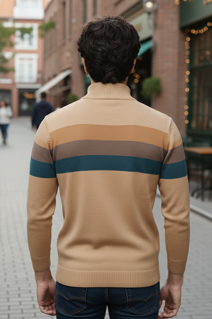 Pull Demi-Zip | Gabriel – Brun Clair & Rayures Contrastées