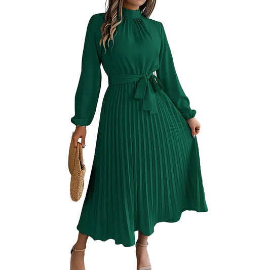 Robe midi pour femme plissée à manches longues avec ceinture à nouer