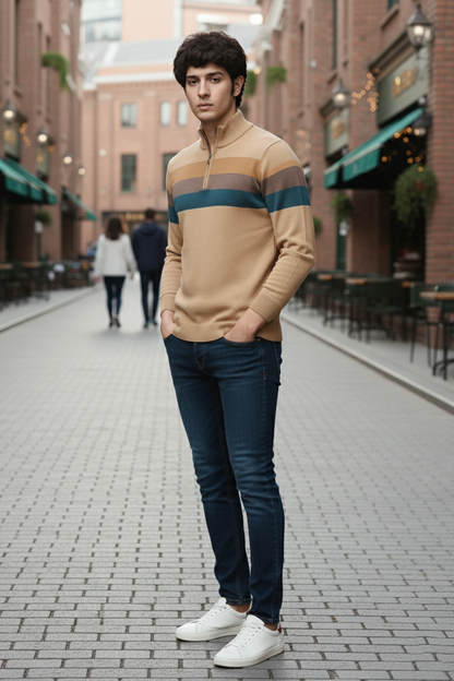 Pull Demi-Zip | Gabriel – Brun Clair & Rayures Contrastées