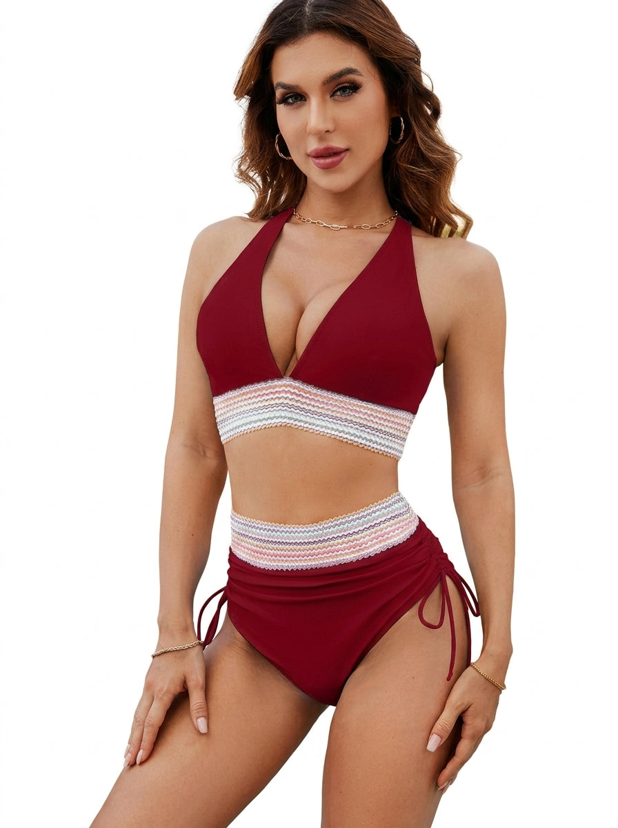 Femme Ensemble Bikini à Licou et Bas à Taille Haute avec Bandes Texturées et Liens Latéraux | imported-image-3