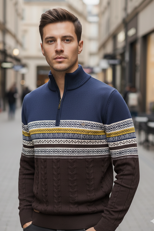 Pull Demi-Zip | Émile – Bleu Marine & Marron Café