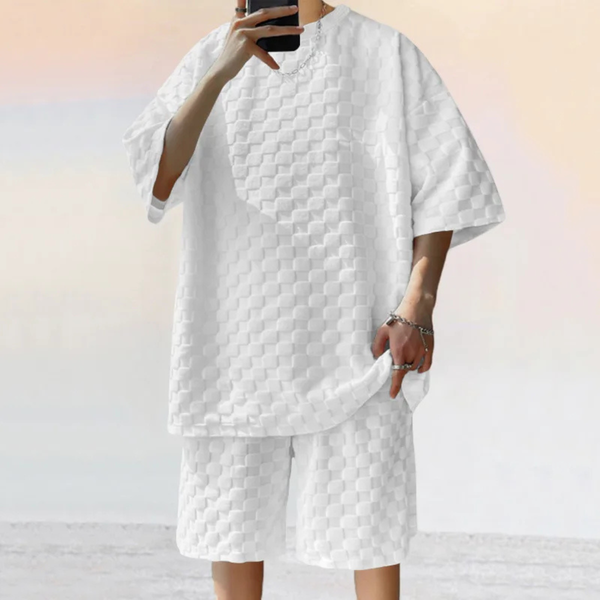 Ensemble à manches courtes avec motif structuré et col rond pour homme
