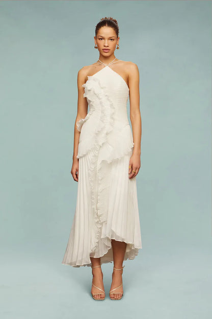 Robe maxi pour femmes à col licou avec plis et volants