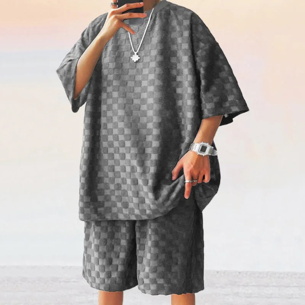 Ensemble à manches courtes avec motif structuré et col rond pour homme