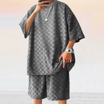 Ensemble à manches courtes avec motif structuré et col rond pour homme