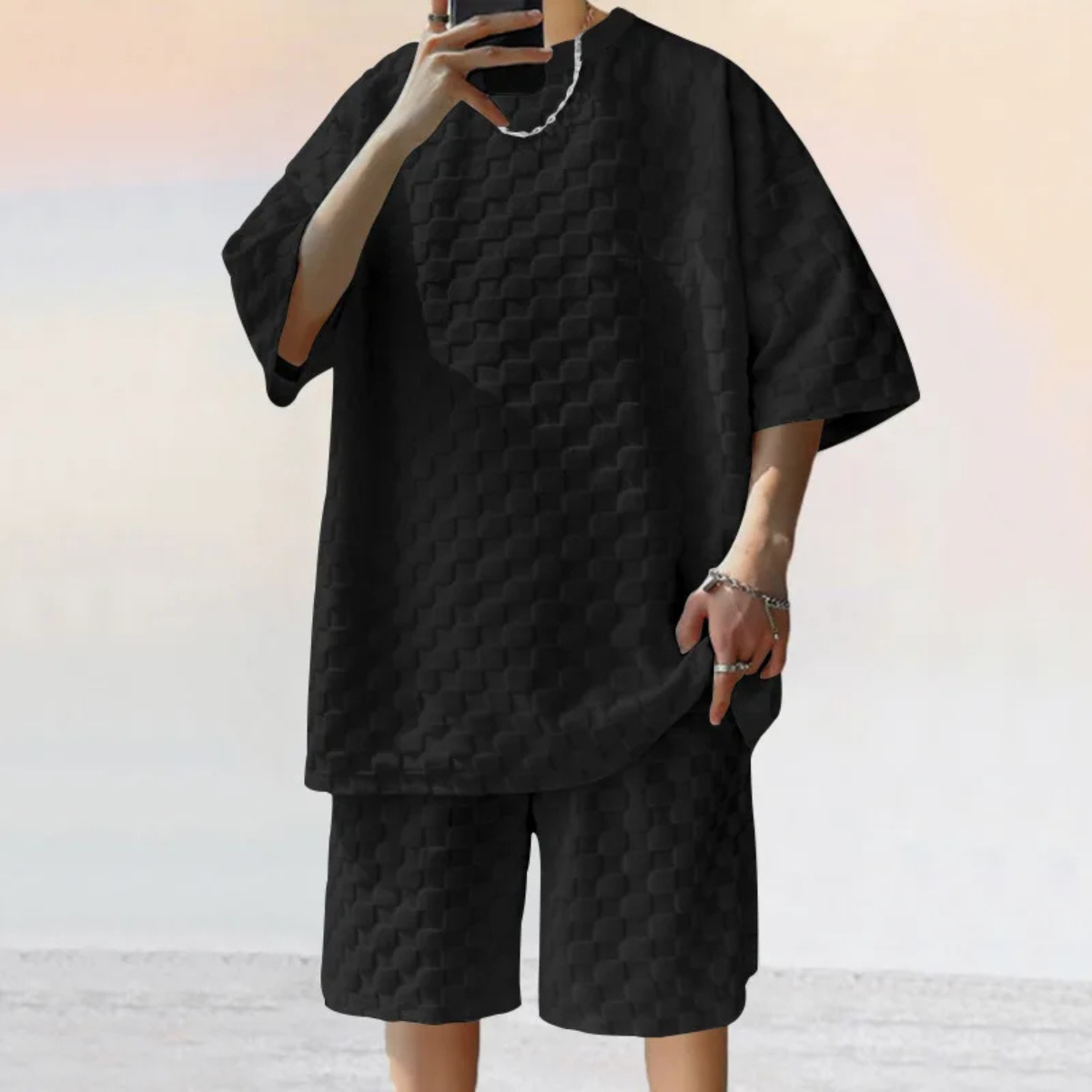 Ensemble à manches courtes avec motif structuré et col rond pour homme