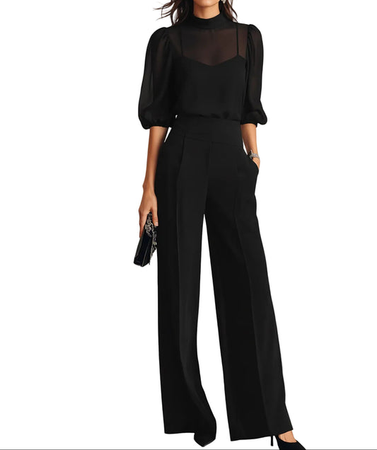 Ensemble Trois Pièces Femme avec Haut Transparent et Pantalon Large