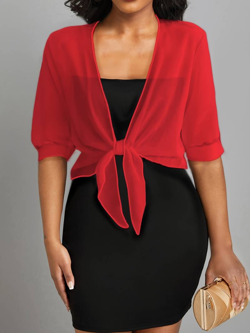 Blouse courte transparente à nouer sur le devant avec manches courtes pour femme