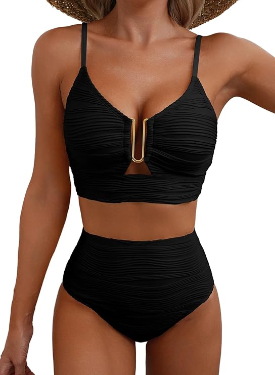 Femme Bikini deux pièces à texture gaufrée avec détail métallique en U et culotte taille haute | imported-image-1