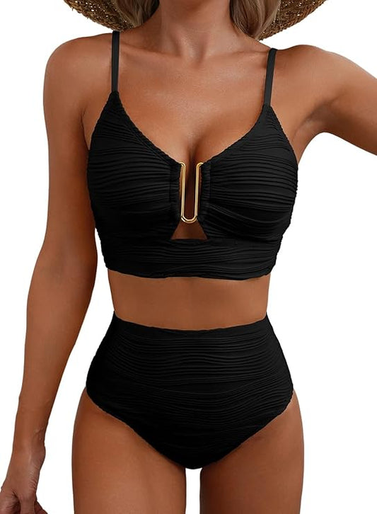 Femme Bikini deux pièces à texture gaufrée avec détail métallique en U et culotte taille haute | imported-image-1