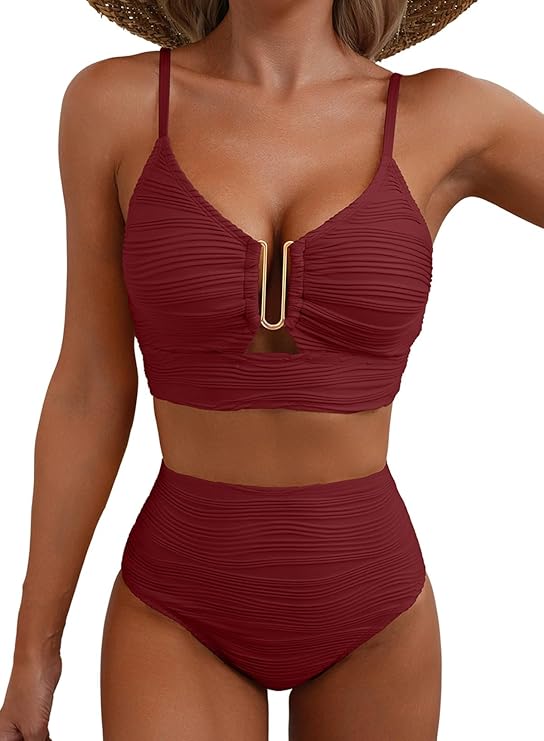 Femme Bikini deux pièces à texture gaufrée avec détail métallique en U et culotte taille haute | imported-image-9