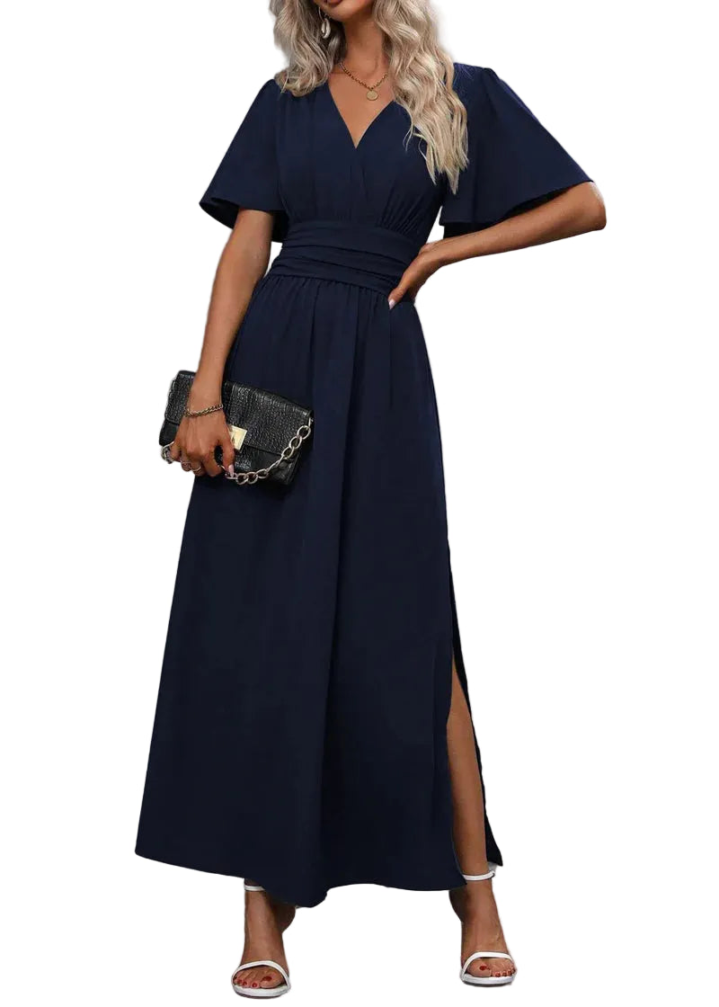 Robe longue femme avec encolure en V et manches papillon