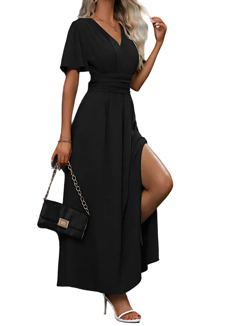 Robe longue femme avec encolure en V et manches papillon