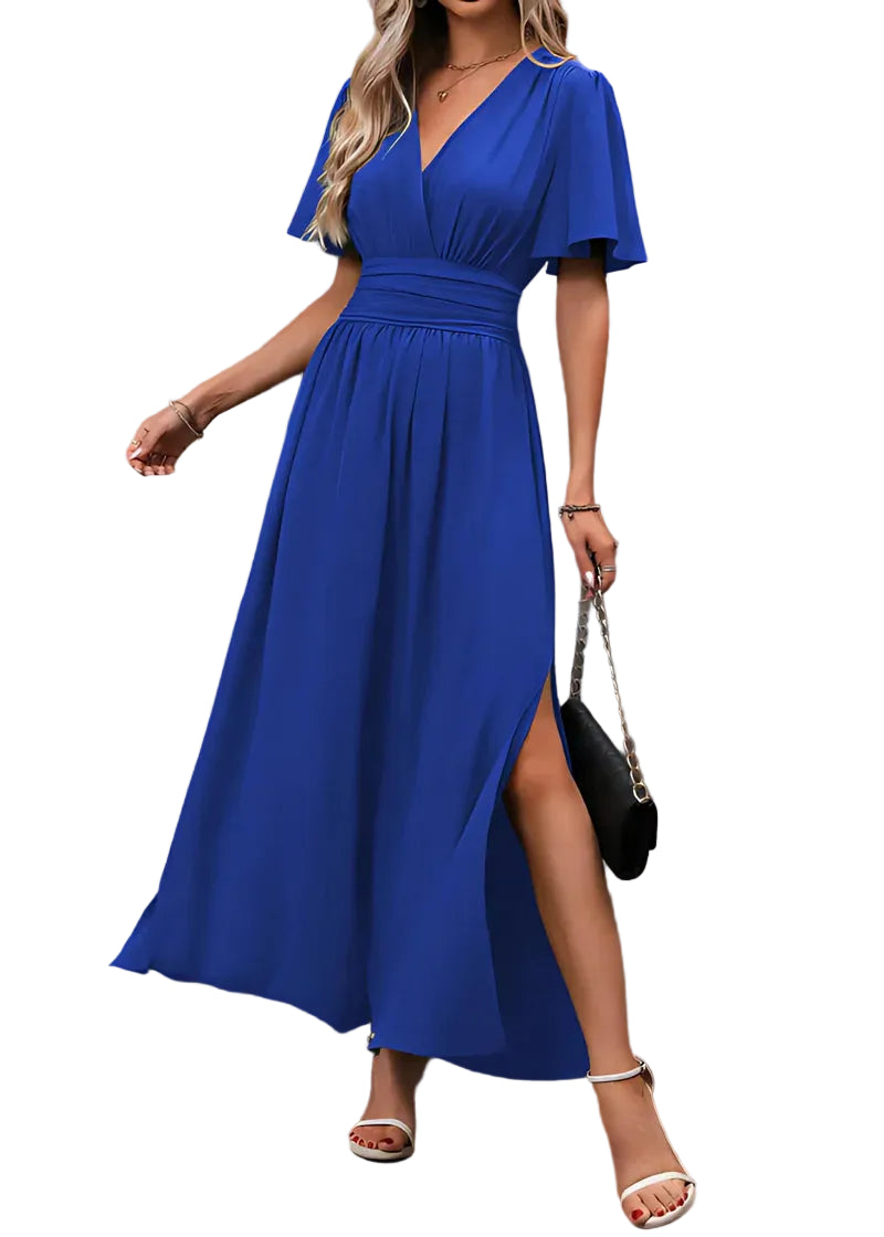 Robe longue femme avec encolure en V et manches papillon