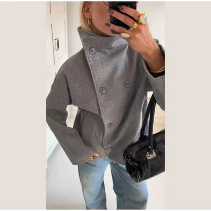 Manteau Court Femme Col Montant & Double Boutonnage