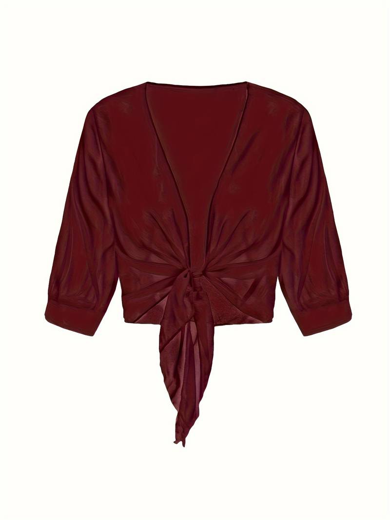 Blouse courte transparente à nouer sur le devant avec manches courtes pour femme