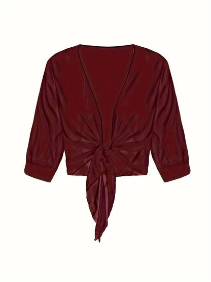 Blouse courte transparente à nouer sur le devant avec manches courtes pour femme