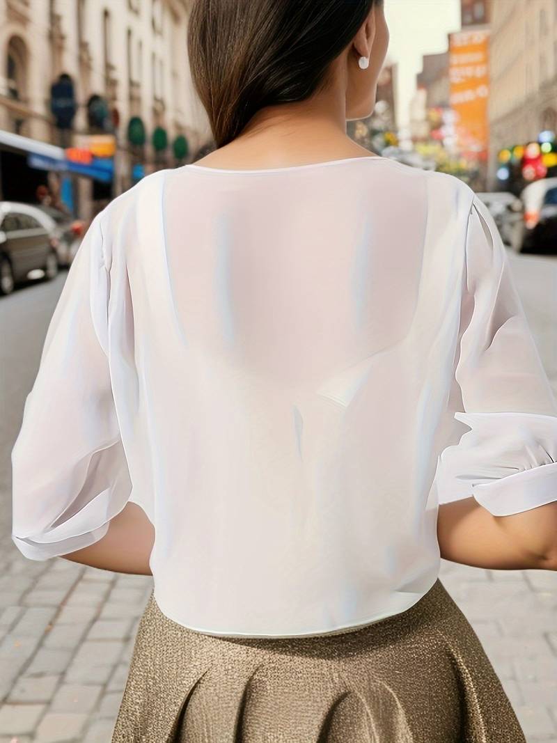 Blouse courte transparente à nouer sur le devant avec manches courtes pour femme