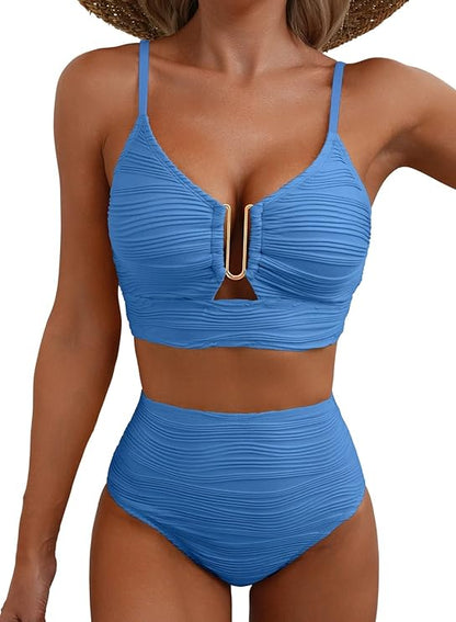Femme Bikini deux pièces à texture gaufrée avec détail métallique en U et culotte taille haute | imported-image-11