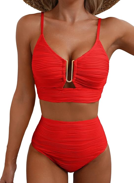 Femme Bikini deux pièces à texture gaufrée avec détail métallique en U et culotte taille haute | imported-image-5