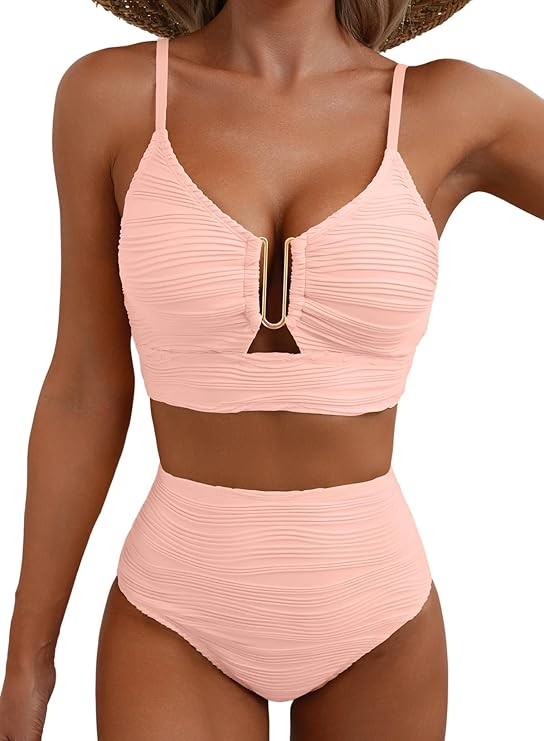 Femme Bikini deux pièces à texture gaufrée avec détail métallique en U et culotte taille haute | imported-image-13