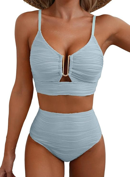 Femme Bikini deux pièces à texture gaufrée avec détail métallique en U et culotte taille haute | imported-image-15