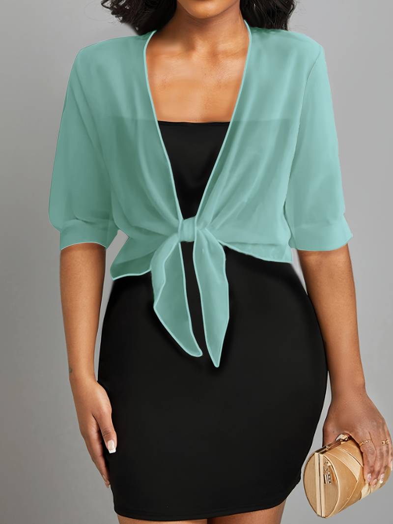 Blouse courte transparente à nouer sur le devant avec manches courtes pour femme