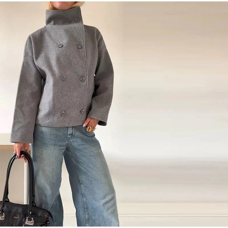 Manteau Court Femme Col Montant & Double Boutonnage