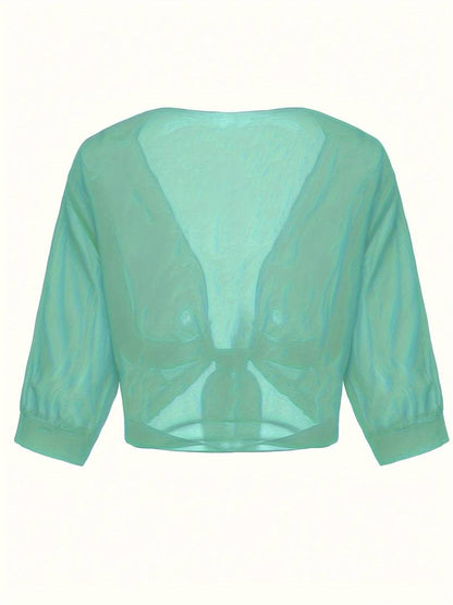 Blouse courte transparente à nouer sur le devant avec manches courtes pour femme