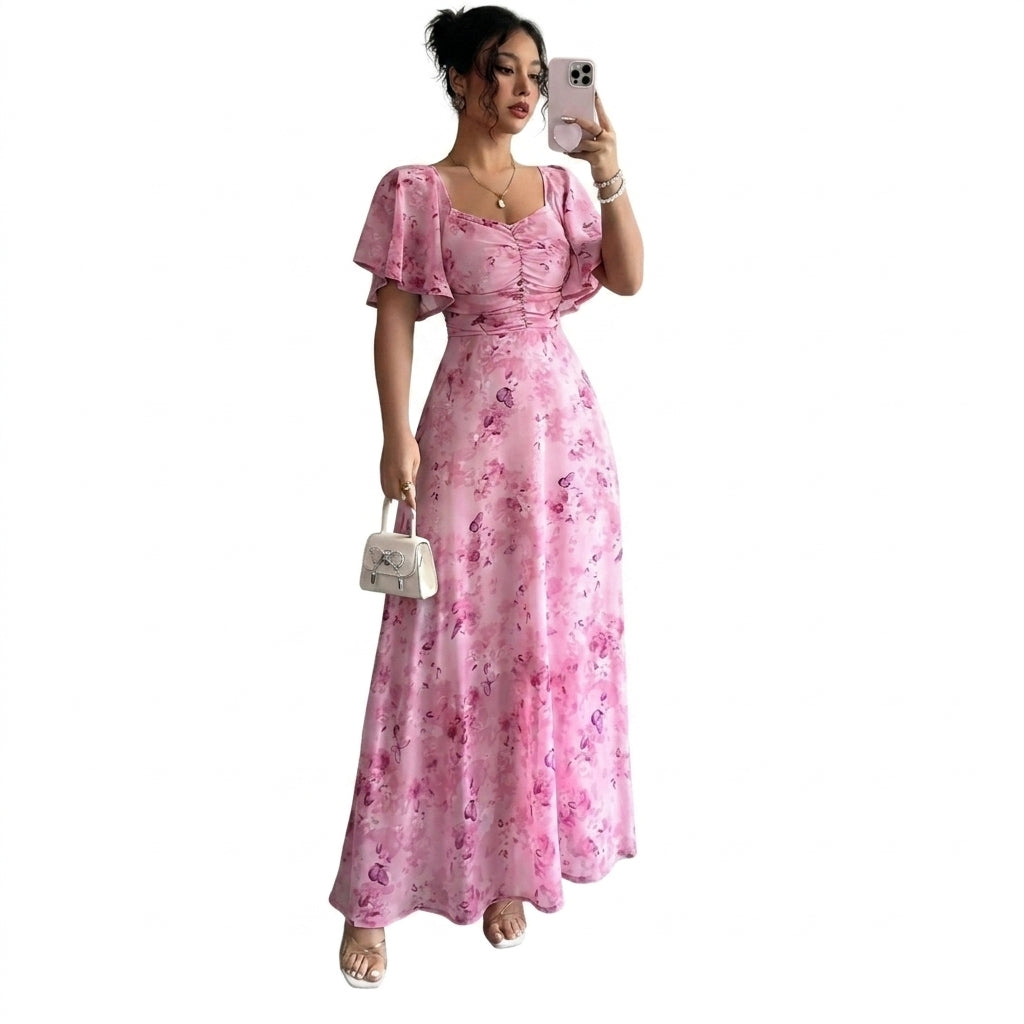 Femme, robe longue à imprimé floral et manches volantées | imported-image-1