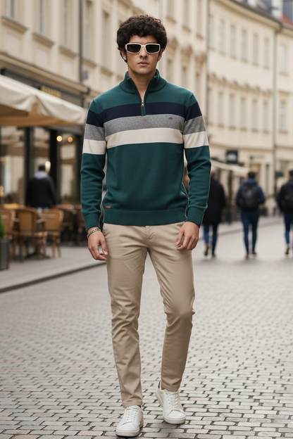 Pull Demi-Zip | Gabriel – Bleu-Vert & Rayures Contrastées