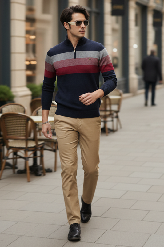 Pull Demi-Zip | Victor – Bleu Marine & Rayures Contrastées