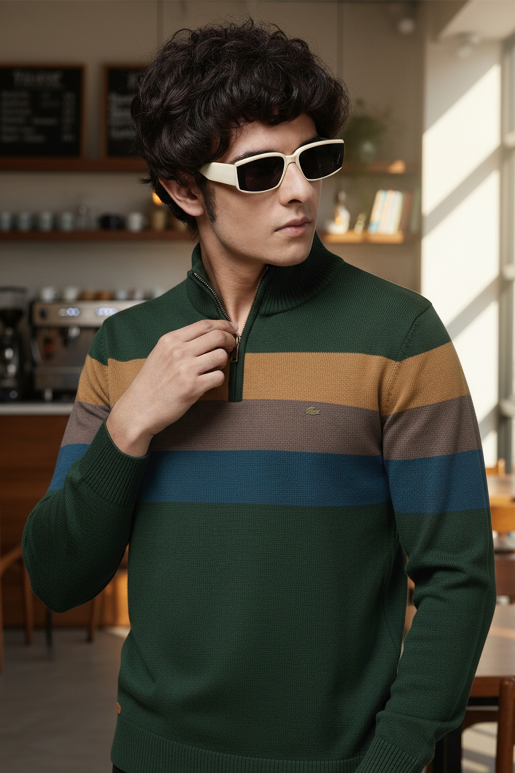 Pull Demi-Zip | Gabriel – Vert Forêt & Rayures Contrastées