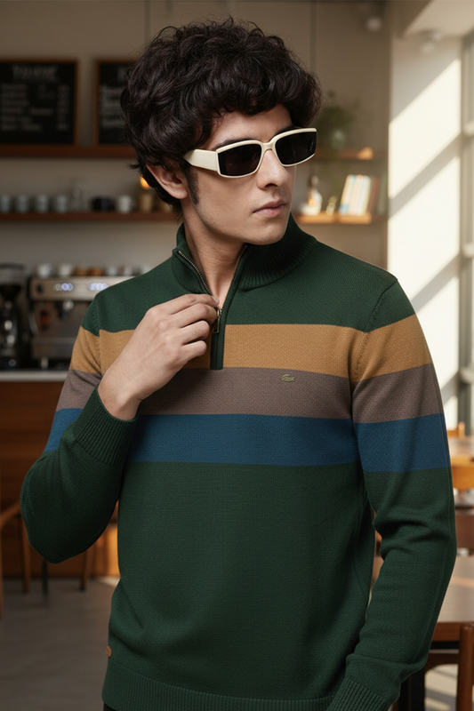 Pull Demi-Zip | Gabriel – Vert Forêt & Rayures Contrastées