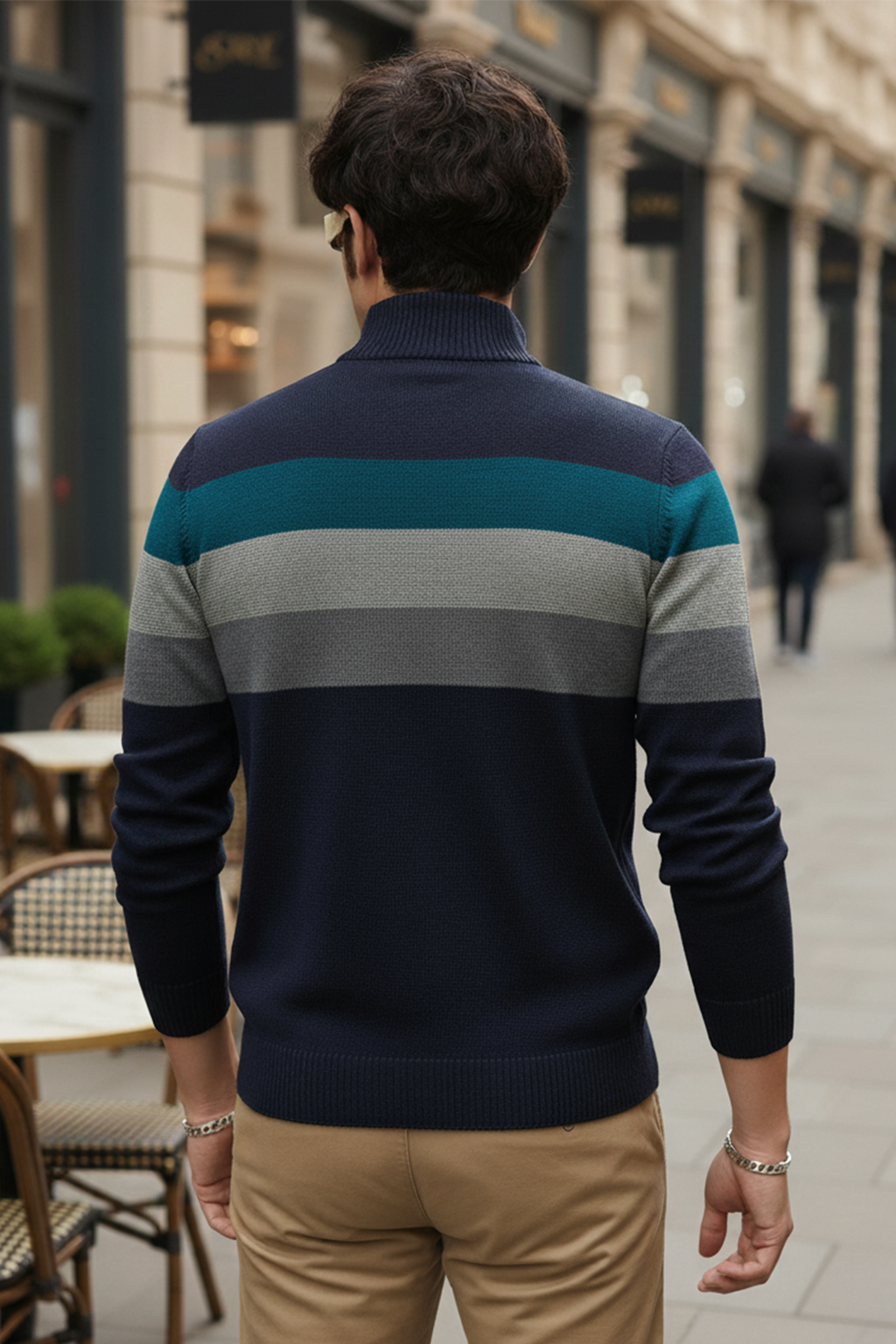 Pull Demi-Zip | Laurent – Noir & Rayures Contrastées