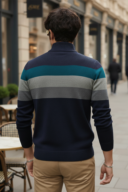 Pull Demi-Zip | Laurent – Noir & Rayures Contrastées