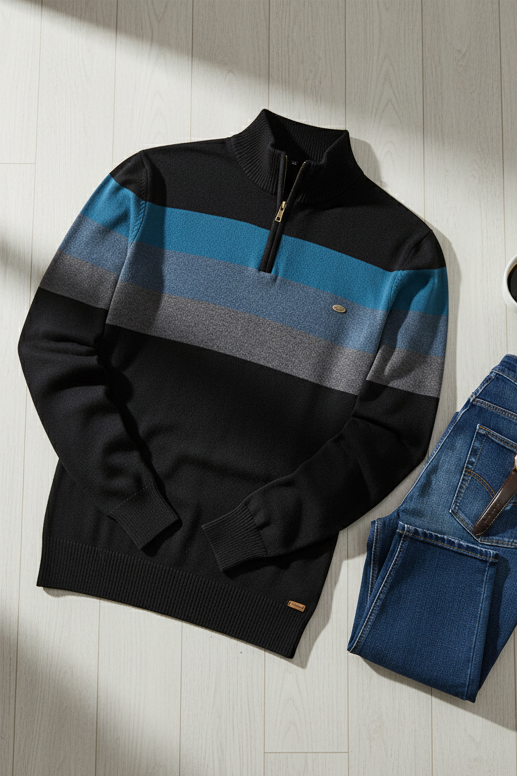 Pull Demi-Zip | Laurent – Noir & Rayures Contrastées