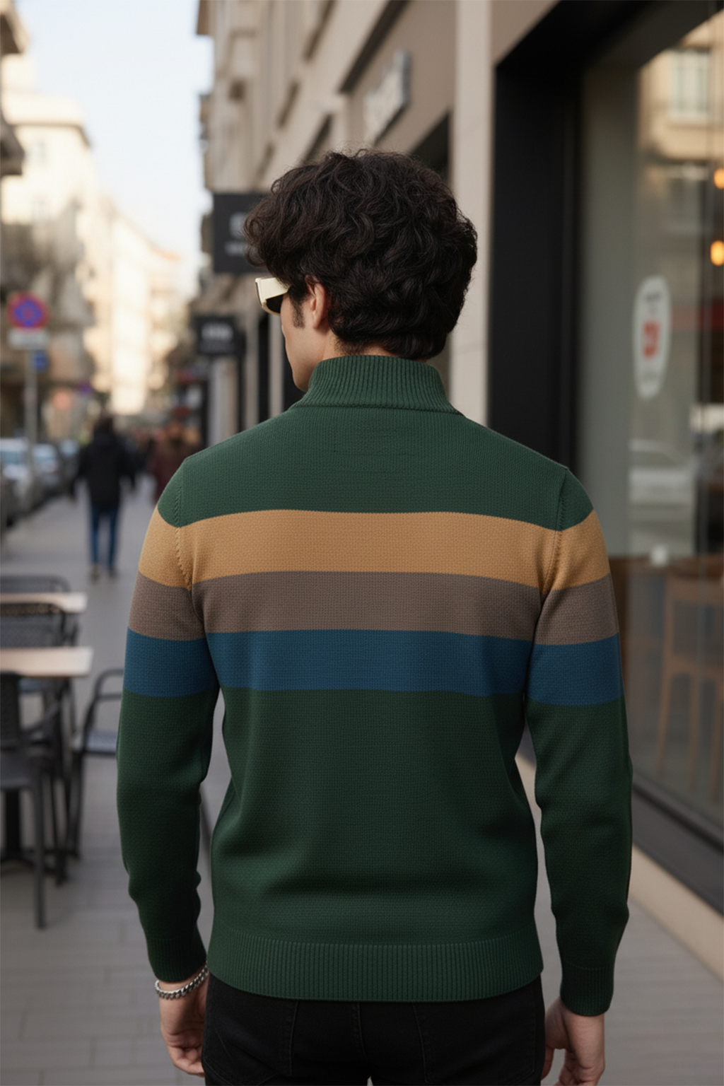 Pull Demi-Zip | Gabriel – Vert Forêt & Rayures Contrastées