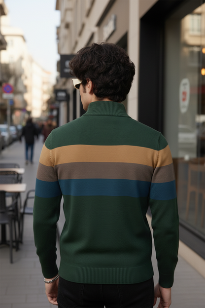 Pull Demi-Zip | Gabriel – Vert Forêt & Rayures Contrastées